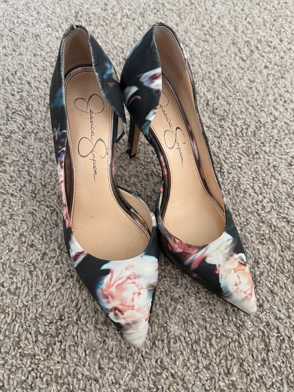 Jessica Simpson Black Floral Pointed-Toe Pumps with Pink Accents